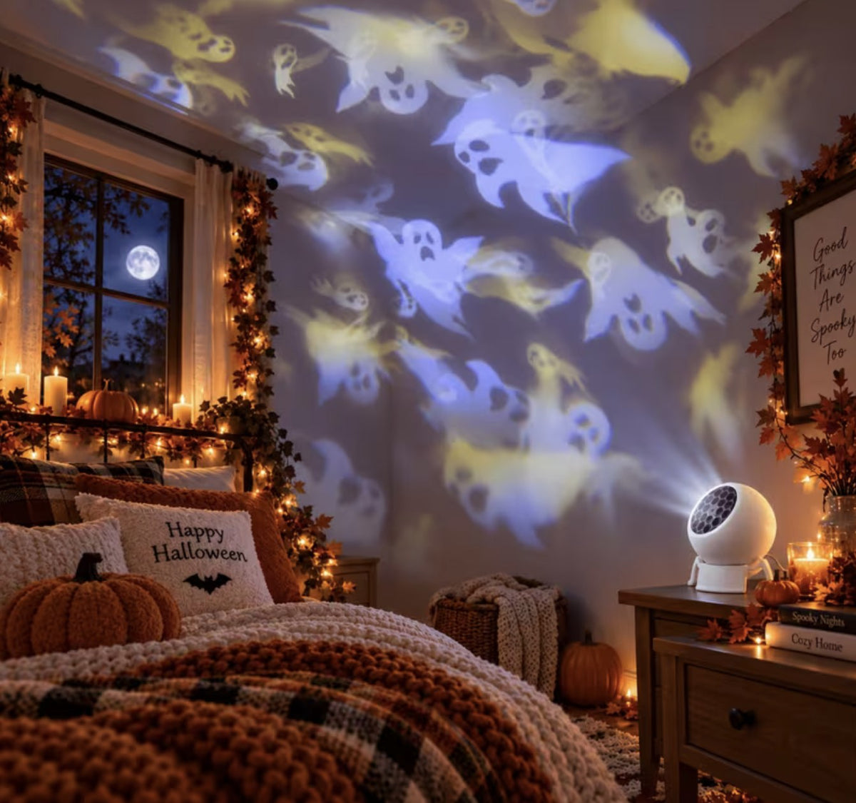 Chambre décorée pour Halloween avec fantômes projetés par NOCTIVA