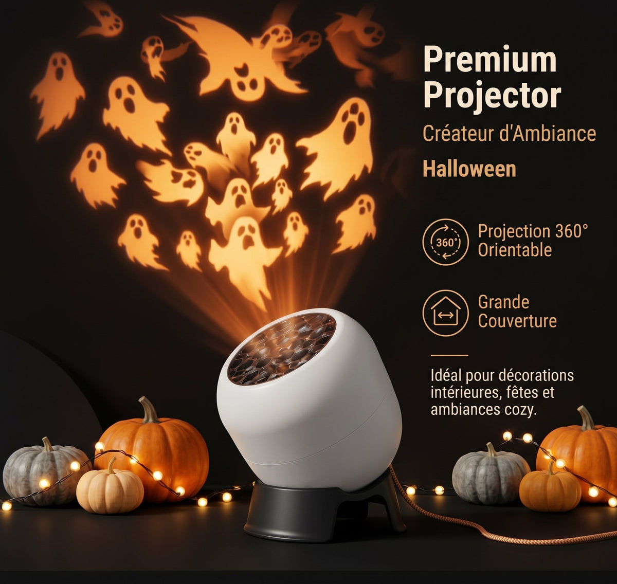 Projecteur Halloween NOCTIVA projetant des fantômes lumineux, entouré de citrouilles