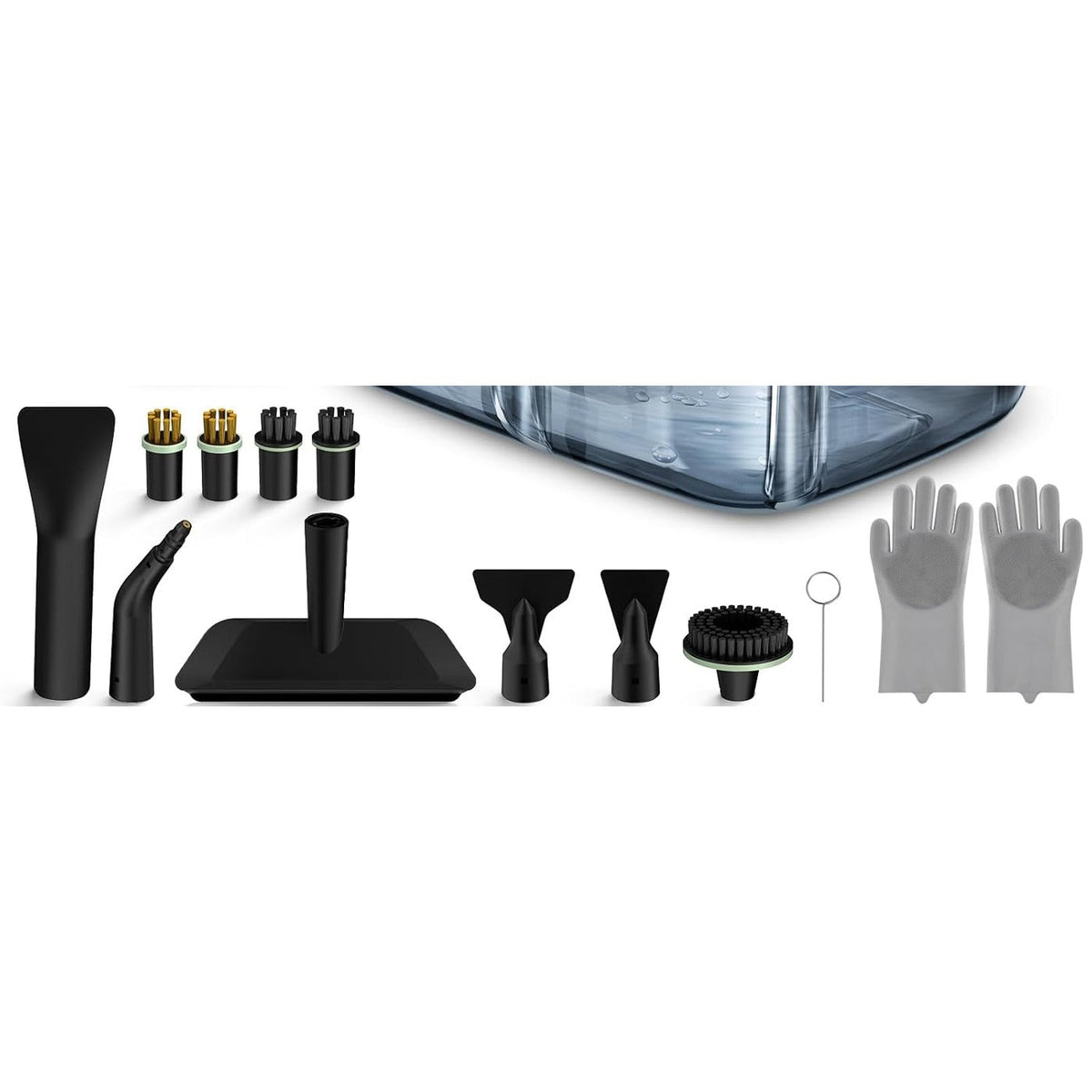 Les 16 accessoires inclus avec le nettoyeur vapeur portable VAPORA S1 : brosses, buses, raclette et gants
